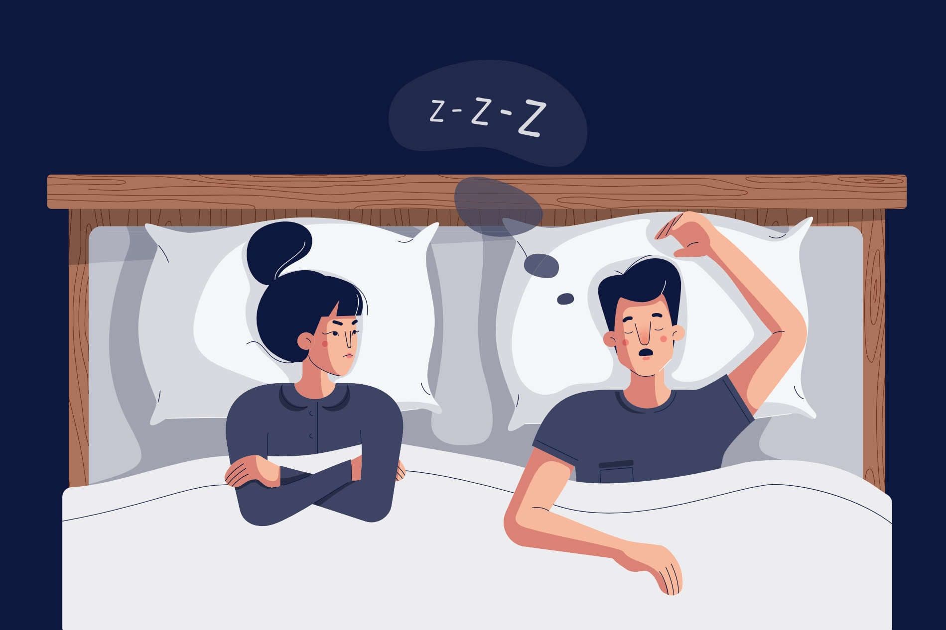 Illustration eines Pärchens im Bett, sie schaut ärgerlich ihren Partner an, der schnarcht